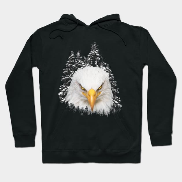 Great bald eagle head in background of snowy pine trees Hoodie by Ariela-Alez